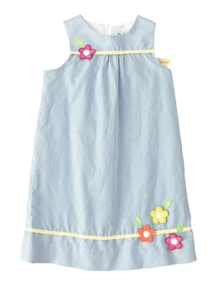 Vestido Florence Eiseman Seersucker Niñas Talla 6 Azul Rosa Amarillo Aplique Flor Foto 1 de 4