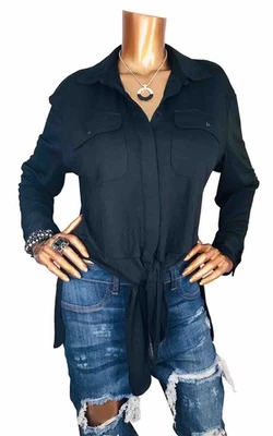 Camisa Ralph Lauren M Top Nueva con Etiquetas $125 Elastizada Negra Dobladillo Corbata Frontal LRL Logo Abotonada Foto 1 de 4