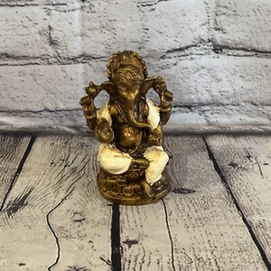 White & Bronze 12cm x 7cm Small Ganesh Ganesa Sitting Lotus Statue Resin Hindu - Picture 1 of 10