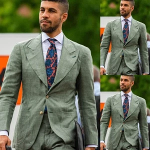 Green Linen Suit for Men Single Breasted Jacket with Peak Collar Summer Casual - Picture 1 of 11