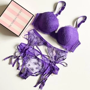 38C LARGE Victoria’s Secret 3PCS purple bra set cheekini panties garter belt - Picture 1 of 10