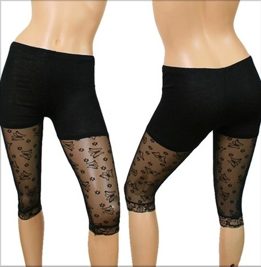 Black Flocked Butterfly Print Lace Hem Capri Footless Nylon Tights OS - Image 1 of 1