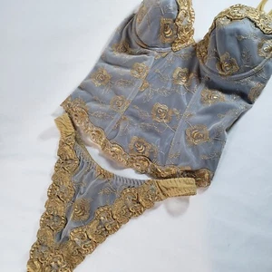 Victoria's Secret 34B Bustier Korsett M Tanga blau gold bestickt rose Vintage - Bild 1 von 11