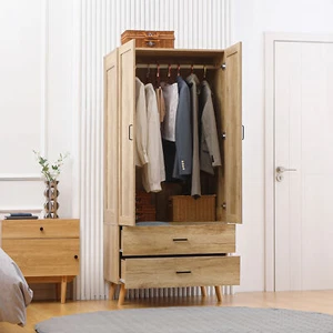 Armario de 2 puertas con 2 cajones y ropa riel colgante para almacenamiento natural en el dormitorio - Imagen 1 de 11