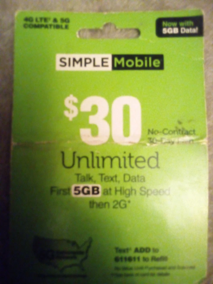 SIMPLE MOBILE on VERIZON $30  PLAN | 1 MONTH INCLUDED Service plan pin - Image 1 of 1