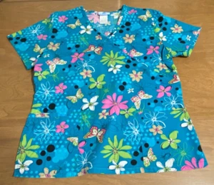 Simply Basic Womens Medium Scrub Top Blue Floral V-Neck Nurse Medical Uniform - Picture 1 of 6