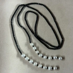 VTG Faceted Black Glass/ Cultured Pearl Flapper Necklace 44.5” - Picture 1 of 7