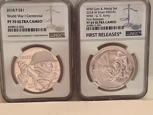 2018 WORLD WAR 1. PROOF COIN AND US ARMY MEDAL SET BY NGC PF 70 AND PF 69 U.C. - Picture 1 of 9