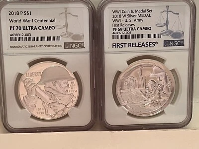 2018 WORLD WAR 1. PROOF COIN AND US ARMY MEDAL SET  BY NGC PF 70 AND PF 69 U.C. - Image 1 of 4