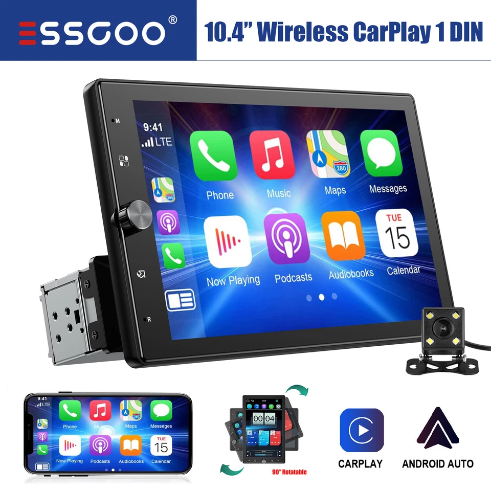 1 DIN 10.4" Autoradio Wireless CarPlay/Android Auto IPS Drehbarer Bildschirm Kam - Bild 1 von 4