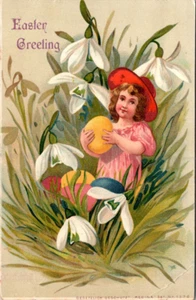 EASTER GREETING - GIRL HOLDS YELLOW EGG - VINTAGE POSTCARD - Picture 1 of 2