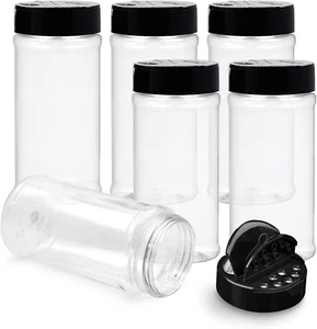 6 Pack 16 Oz Plastic Spice Jars with Black Cap, Clear and Safe Plastic Bottle Co - Picture 1 of 12