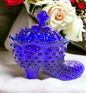 Pantofola scarpa vittoriana vintage Hobnail vetro blu cobalto portabevande - Foto 1 di 16