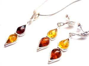 073ER Multi Baltic Amber Designer earrings and pendant set on sterling silver - Picture 1 of 19
