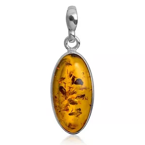 925 Solid Sterling Silver Honey Baltic Amber Designer Oval Beautiful Pendant - Picture 1 of 5