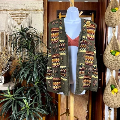 Colete de malha bordado vintage XL oliva floral zíper suéter vovó Cottagecore - Imagem 1 de 4