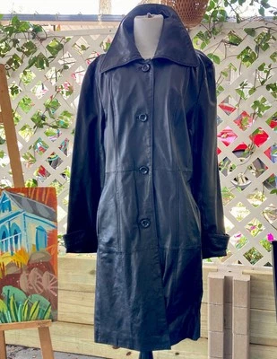 Chaqueta de Cuero Wilsons De Colección Negra Trinchera Larga Sobre Abrigo Town & Country Chic Talla L Foto 1 de 4