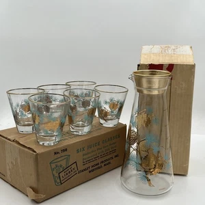 VTG MCM Kitchen Libbey Gold Aqua Pine Cone Juice Glasses & Pitcher 22k Gold - Picture 1 of 18