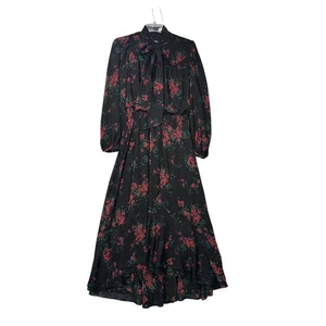 Lauren Ralph Lauren Dress Womens Medium Black Red Floral Long Sleeve Ruffle Bow - Picture 1 of 16