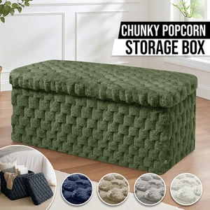 Foldable Faur Fur Storage Box Ottoman Stool Seat Ribbed Waffle Removable Lid - Picture 1 of 49