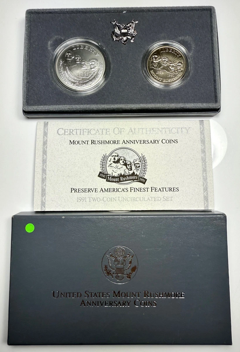 米国立記念碑ラシュモア山50周年記念 1991プルーフ 銀貨含む2枚セット