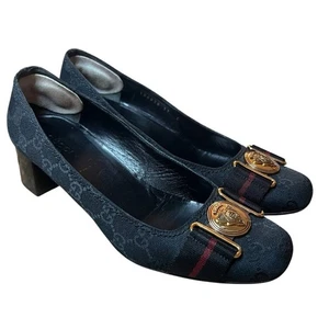 Gucci Black GG Canvas Web Buckle Pumps Low Heel EU 37C US 7 - Picture 1 of 15