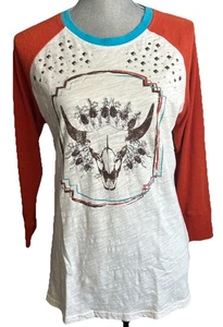 Camicia donna Ariat borchie teschio mucca panna taglia XL manica 3/4 - Foto 1 di 10