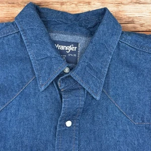 Wrangler Denim Herren Hemd 17 1/2-35 blau Chambray Pearl Snap Western Rodeo Cowboy - Bild 1 von 8