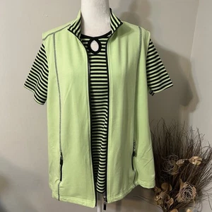 Allison Daley 2pc Vest & T-shirt Women Full Zip Sporty Striped Black Green Sz L - Picture 1 of 10