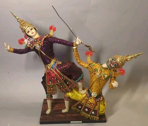 Vintage Pair of Thai Khon Dancing Dolls Ramakien National Epic Figures Thailand - Picture 1 of 12