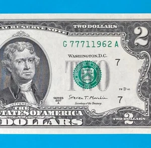 LUCKY January 1962 (G 777 1 1962 A) $2 Two Dollar Bill Serial Number 2017A *UNC* - Picture 1 of 4