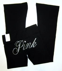 Victoria's Secret Pink Bling Rhinestones Foldover Flare Leggings Black L XL NWT - Picture 1 of 6