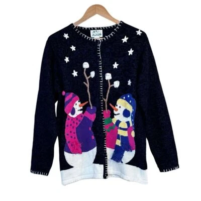 Quacker Factory Women Snowmen Christmas Sweater Cardigan Sz M Angora Embroidered - Image 1 of 4