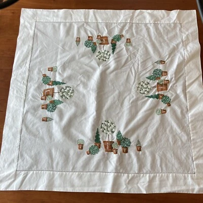 Hand Embroidered Hemstitch 36" x 36" Tablecloth Linen Cotton German Handimex - Image 1 of 4