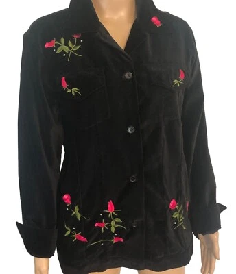 The Quaker Factory Black Velvet Jacket Sz S Rose Embroidered Rhinestones vtg - Image 1 of 4