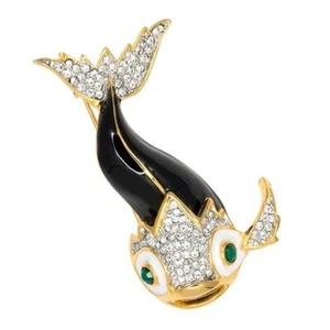 KENNETH JAY LANE , BLACK ENAMEL KOI PIN, WITH PAVE CRYSTALS ACCENTS - Picture 1 of 2