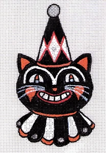 Halloween Ornament Nadelspitze Leinwand auf 18 Maschen Zweigart handbemalt Katze Narr - Bild 1 von 2