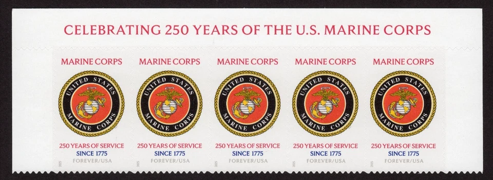 Scott #6011 US Marines 250th Anniversary Title Strip of 5 Forever Stamps - MNH - Image 1 of 1