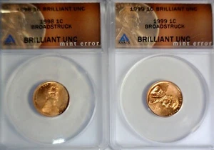 1998 & 1999 ERROR ANACS Broad Struck + CRK SKULL Lincoln Cent NICE BU 2 Coin LOT - Picture 1 of 4