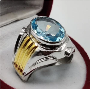 Original Aqua Blue Topaz Men and Women Oval Shape Blue Topaz Ring Silver 925 A++ - Picture 1 of 6