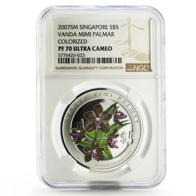 Singapur $5 Flor Orquídea Vanda Mimi Palmer PF70 NGC moneda de prueba de plata 2007 Foto 1 de 2