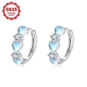 925 Sterling Silver Triple Heart Moonstone Hoop Earrings in Gift Box - Picture 1 of 5