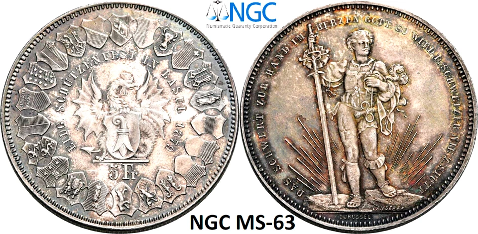 NGC MS 63 Switzerland Basel 1879 Unc 1 Shooting Thaler 5 Francs Coin Silver - Image 1 of 4