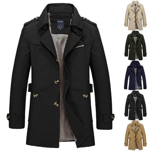 Classic Men's Lapel Trench Coat Jacket Solid Color Overcoat for Daily Wear - Picture 1 of 53
