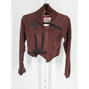 Vintage Y2K Le Shop Womens Sz S Cropped Distressed Cotton Jacket Brown Grunge - Picture 1 of 5