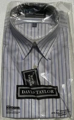 "Nueva camisa de manga corta a rayas azul blanco David Taylor para hombre talla 17"" Scotchgard" Foto 1 de 2