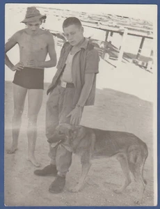 Hemdlose Jungs mit Hund, nackter Oberkörper, Ausbuchtung, zartes sowjetisches Vintage Foto UdSSR - Bild 1 von 2