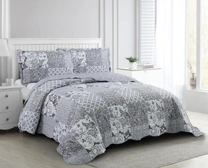 Grey Flowers Patchwork, 3-Piece Quilt Set with 2 Shams, Reversible Bedspread, So - Picture 1 of 7