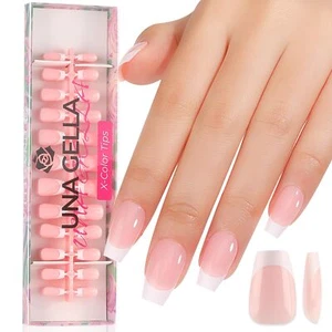 UNA GELLA French Tip Press On Nails Pink Short Coffin French Nail Tips 120Pcs... - Picture 1 of 7