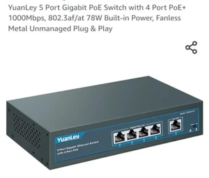YuanLey 5-Port Unmanaged PoE Gigabit Switch 802.3af/at Compliant 78W Power - Picture 1 of 5